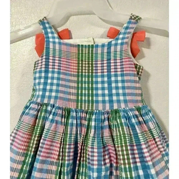 Janie and jack Kids Plaid Dress Coral Bows Ruffle Summer Picnic Outfit sz 12-18 - Picture 2 of 4